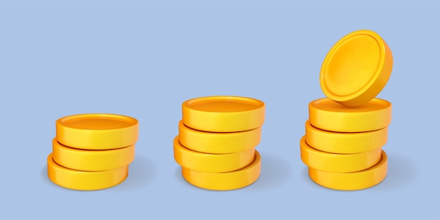 Pilha de desenhos animados 3d de moedas de ouro isoladas em fundo azul conjunto de dinheiro em dinheiro conceito de investimento financeiro empresarial ilustração em vetor 3d