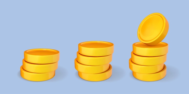Vetor pilha de desenhos animados 3d de moedas de ouro isoladas em fundo azul conjunto de dinheiro em dinheiro conceito de investimento financeiro empresarial ilustração em vetor 3d