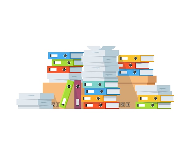 Pilha de documentos em papel e pastas de arquivo.