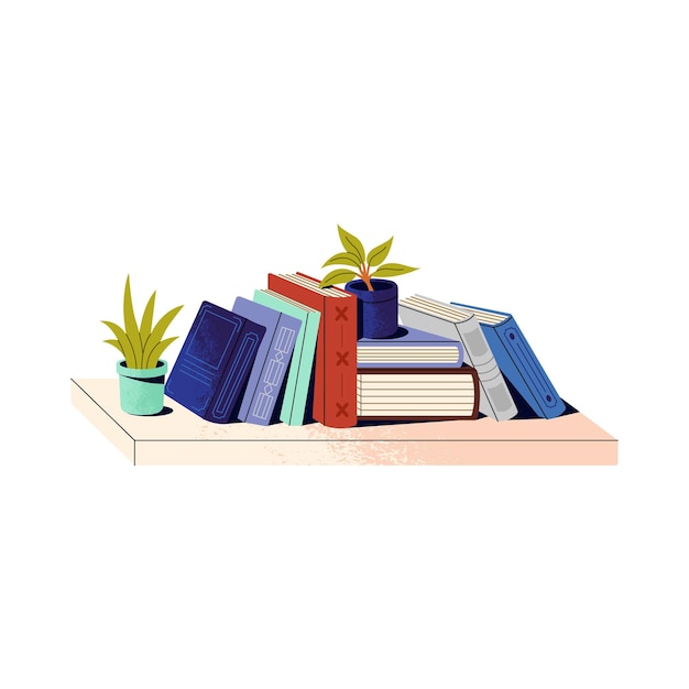 Pilha de livros de papel na prateleira plantas de casa e diários na estante romances de literatura de ficção na biblioteca doméstica lendo hobby educação adesivo plano ilustração vetorial isolado em fundo branco