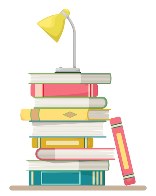 Pilha de livros em um estilo simples, sobre um fundo branco com um candeeiro de mesa. Projeto de conceito de educação