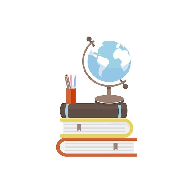pilha de livros ilustração globo e papelaria