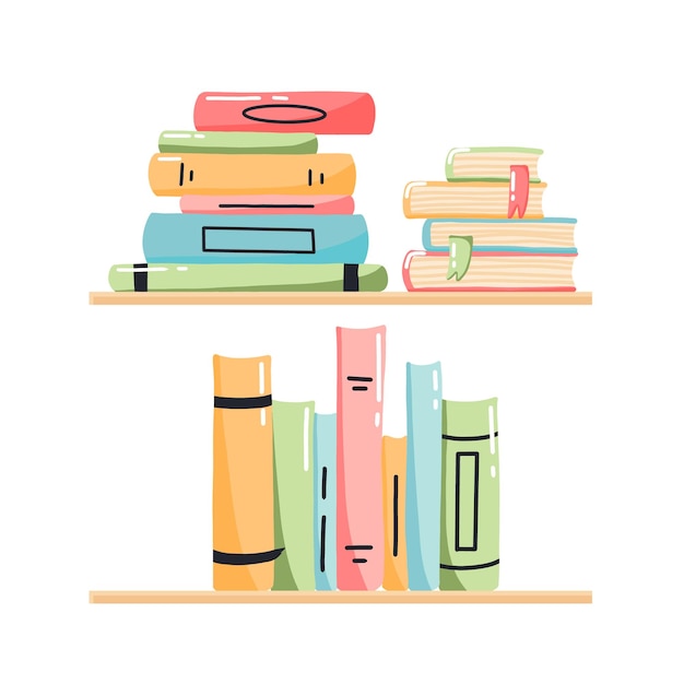 Pilha de livros na prateleira em estilo cartoon Estante com ilustração vetorial de livros