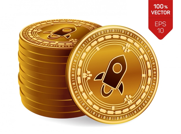 Pilha de moedas de ouro com símbolo estelar isolado no fundo branco. Criptomoeda.