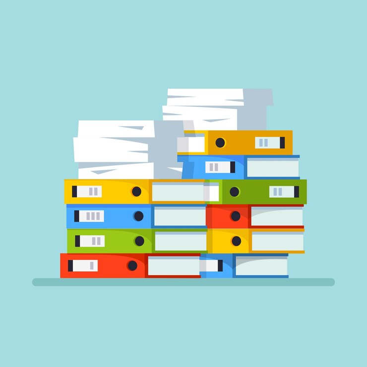 Vetor pilha de papel, pilha de documentos com papelão, caixa de papelão, pasta. papelada. conceito de burocracia.