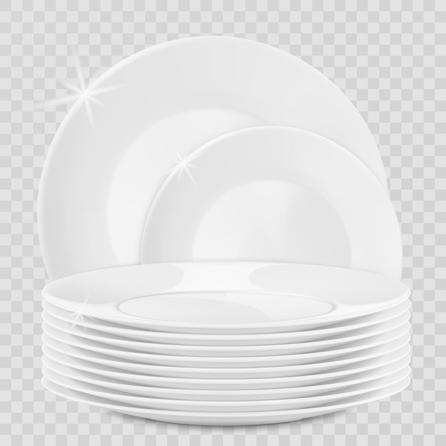 Pilha de pratos realistas e tigelas pratos limpos empilhados talheres de cozinha pilha de pratos de comida lavados limpos maquete de louça isolado em ilustração vetorial 3d transparente prato de louça de porcelana