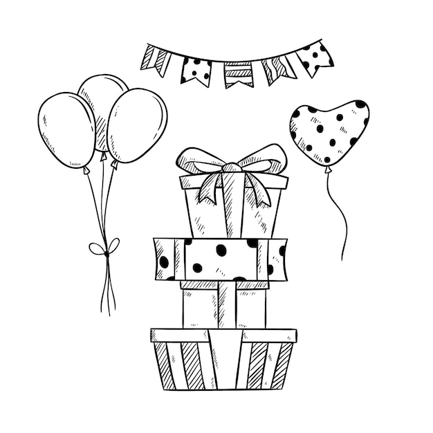Pilha de presentes de aniversário e balão com mão desenhada ou estilo de desenho