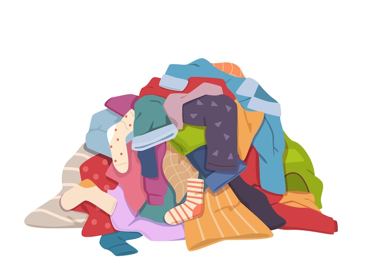 Vetor pilha de roupas sujas. pilha de roupa suja com manchas, roupas diferentes e fedorentas, shorts velhos de tecido sujo, camisetas e meias no chão. conceito colorido isolado de vetor de lavanderia