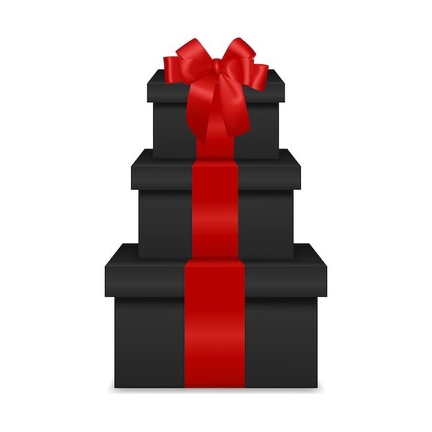 Vetor pilha de três caixas de presente preto realista com fita vermelha e arco