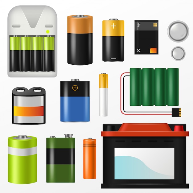 Pilha de vetor de bateria de pilhas alcalinas de energia e conjunto de ilustração alimentado por bateria ou acionado por bateria da seleção da poderosa energia do acumulador AA isolada no espaço em branco