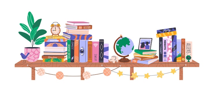 Vetor pilhas de livros e decoração doméstica na estante coleção de biblioteca com romances de literatura educacional