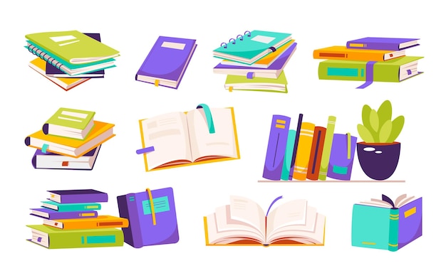 Pilhas de livros para ler Um conjunto de livros de literatura dicionários planejadores com marcadores