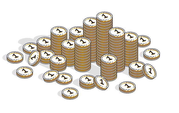 Pilhas de moedas de dinheiro em dinheiro isoladas no fundo branco. vector 3d ilustração isométrica de negócios e finanças, design de linha fina.