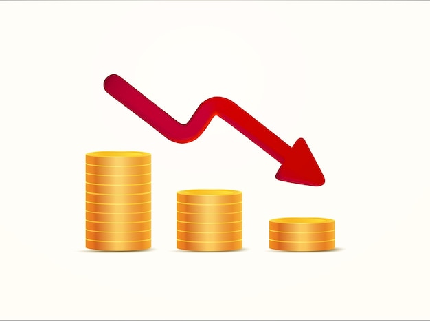 Pilhas de moedas de ouro e seta vermelha para baixo isoladas no fundo branco Tendência de baixa da crise financeira