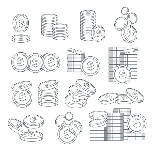 Vetor pilhas de moedas ou moedas de um centavo esboços isolados dinheiro de negócios bancários