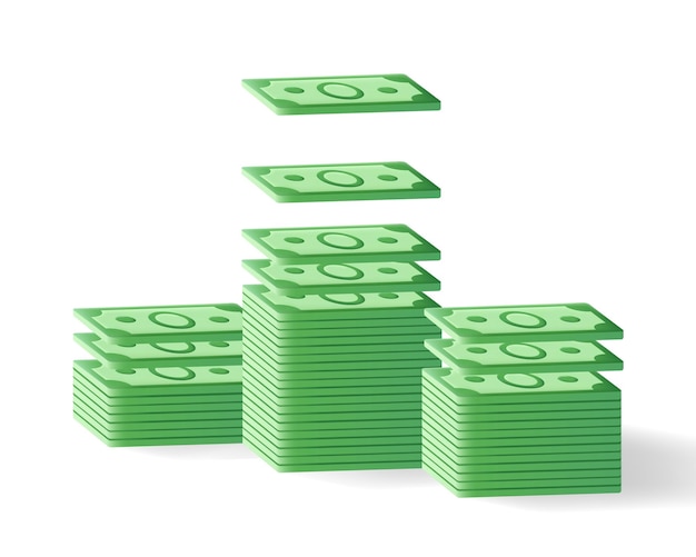 Vetor pilhas de notas verdes conceito 3d de reembolso de poupança mantendo dinheiro