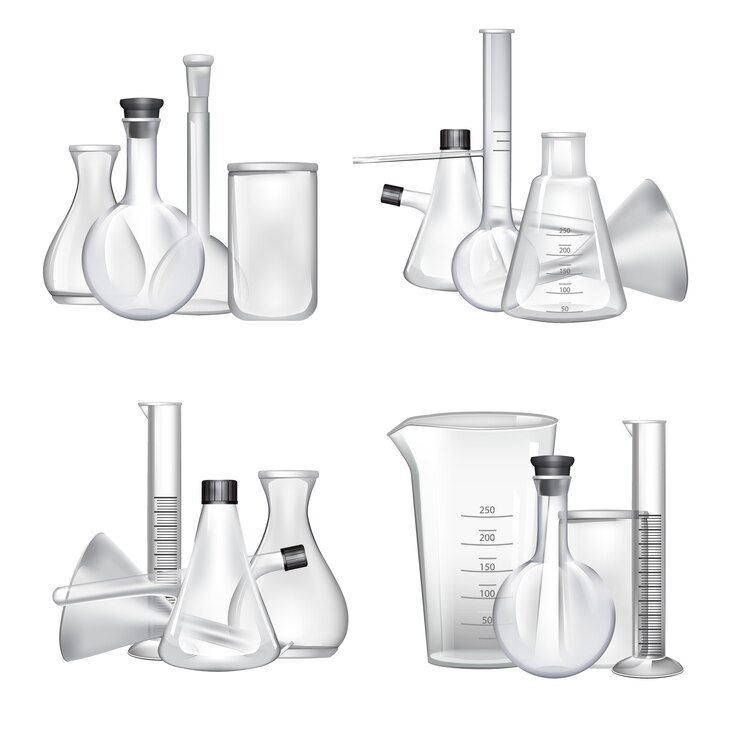 Vetor pilhas de tubos de vidro de laboratório químico definido. tubo de vidro e ilustração de experimento de laboratório