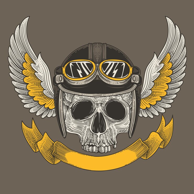 piloto de cabeça de caveira vintage com asas de anjo