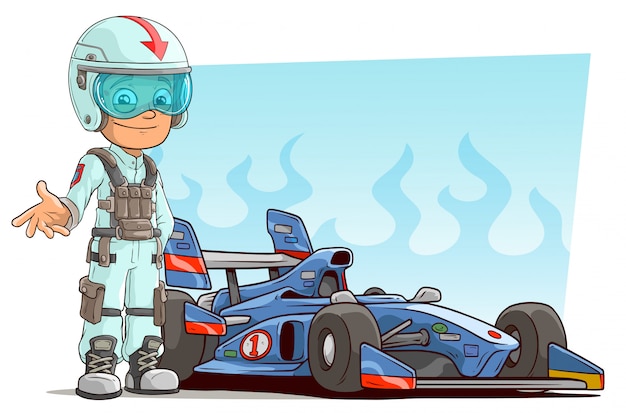 Vetor piloto de desenho animado no capacete com carro esporte moderno