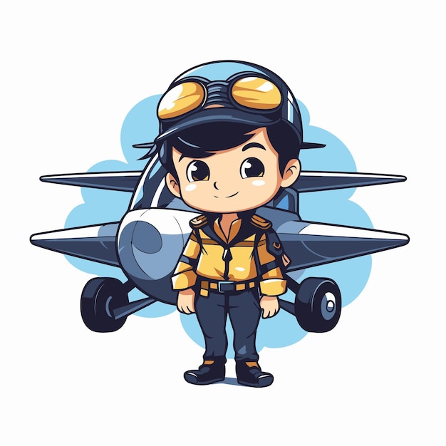 Piloto de menino bonito com avião em fundo branco ilustração vetorial