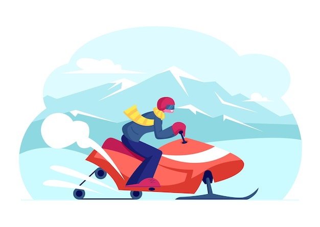 Vetor piloto de moto de neve usando capacete, pilotando rápido por montes de neve com diversão durante o passeio de aventura de esporte radical. ilustração plana dos desenhos animados