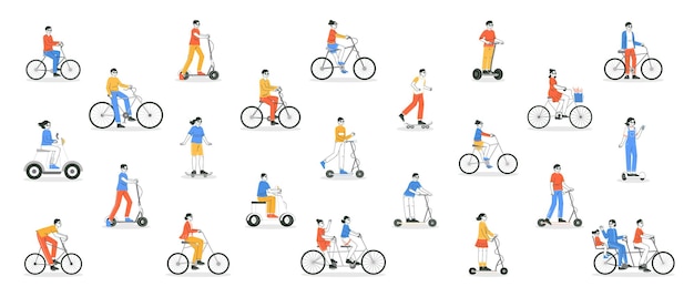 Pilotos de bicicleta plana descrevem pessoas andando de bicicleta coleção de ilustração vetorial de desenho animado