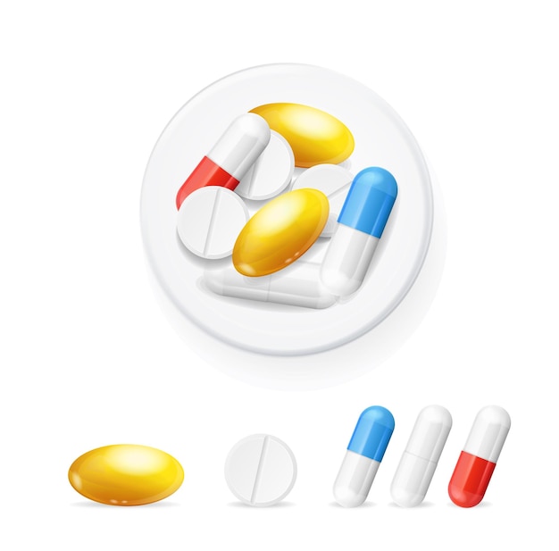 Vetor pílulas 3d realistas em uma placa branca set de medicamentos de farmácia ilustração vetorial