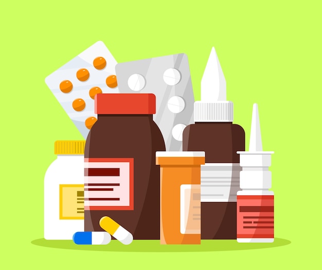 Pílulas e drogas ilustração vetorial em estilo plano conceito de medicina e cuidados de saúde