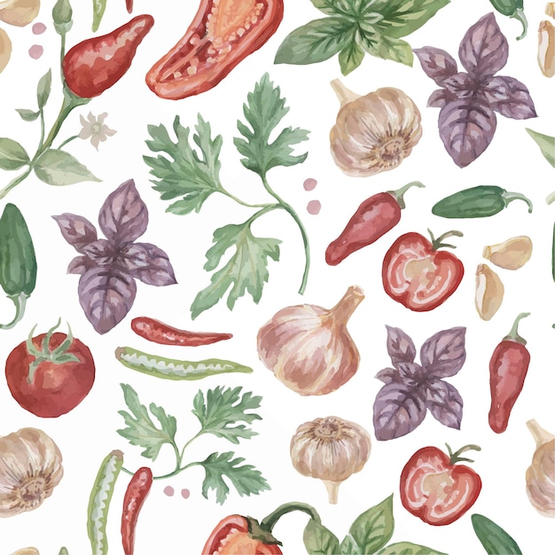 Pimenta pimenta especiarias aquarela mão ilustrações desenhadas patiern conjunto sem costura fundo comida picante