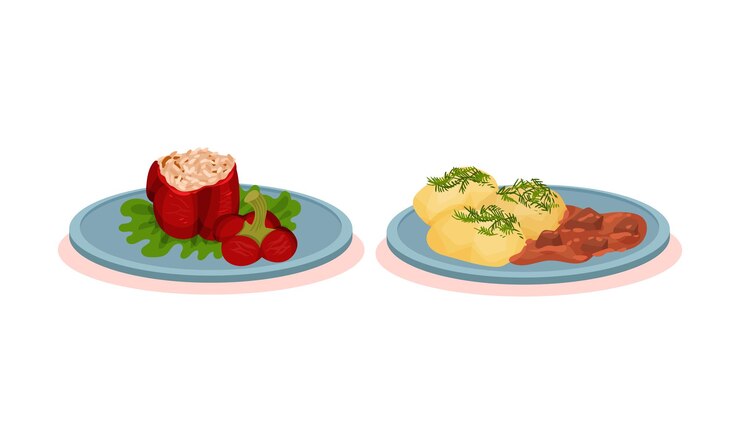 Vetor pimenta recheada de arroz e batatas cozidas com molho de carne