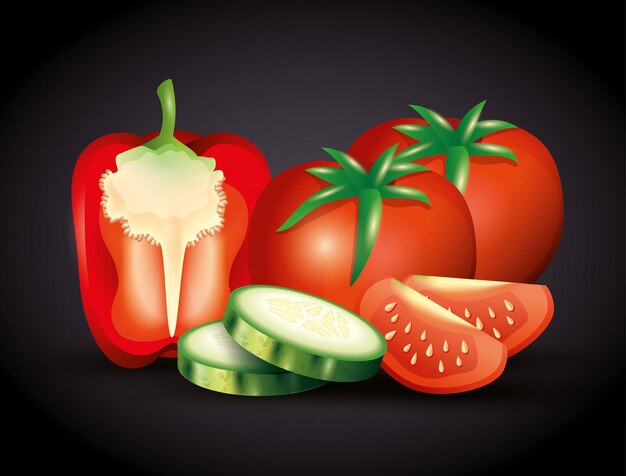Vetor pimenta vermelha fresca com tomate e pepino fatiado, legumes orgânicos