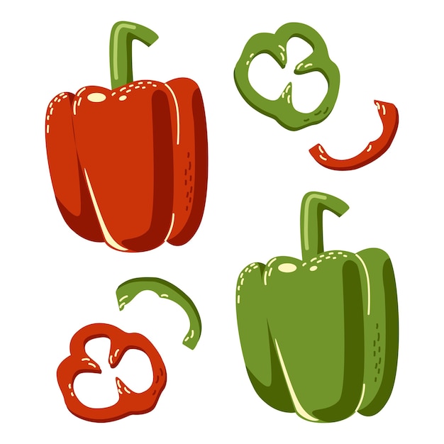Pimentões vermelhos e verdes legumes de jardim ilustração desenhada à mão isolado no fundo branco