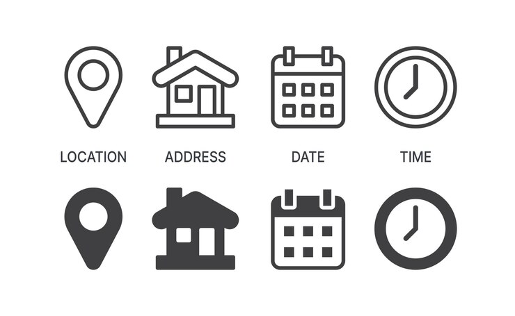 Pin de localização do mapa Endereço data hora contato Calendário home set ícones da web ilustração de linha vetorial