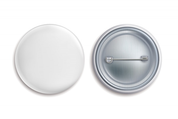 Pin distintivos. Botão redondo branco em branco, anunciar sinal de círculo 3d de metal. Maquete de emblema de lembrança