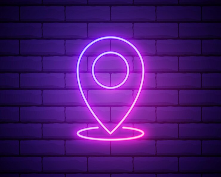 Pin ícone de estilo neon Vetor de contorno de linha fina simples de ícones da web para site de interface do usuário e ux ou aplicativo móvel isolado na parede de tijolos