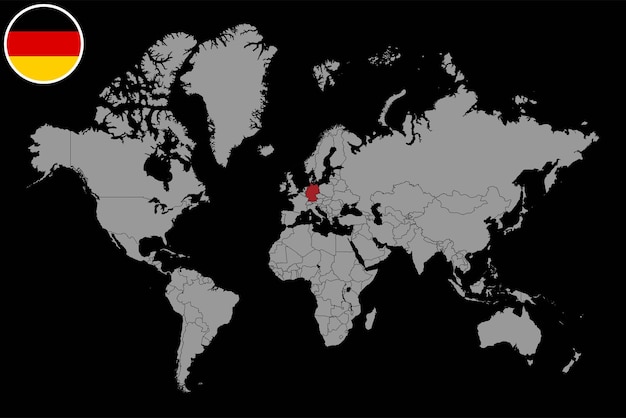 Pin mapa com a bandeira da Alemanha no mapa do mundoilustração vetorial