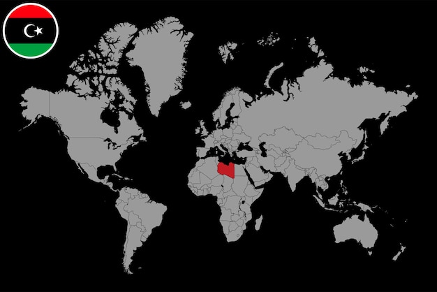 Pin mapa com bandeira da líbia no mapa do mundo ilustração vetorial