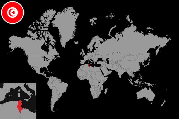 Pin mapa com bandeira da Tunísia no mapa do mundo ilustração vetorial