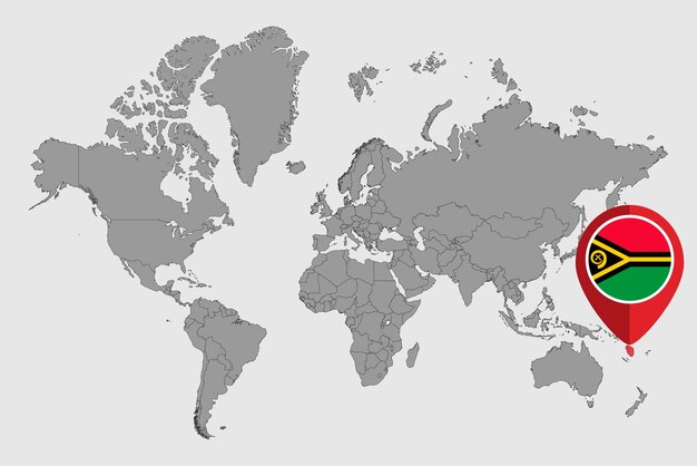 Vetor pin mapa com bandeira de vanuatu no mapa do mundo ilustração vetorial