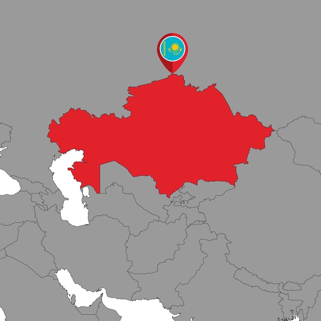 Pin mapa com bandeira do cazaquistão no mapa do mundo ilustração vetorial