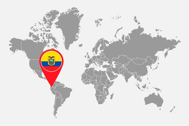 Pin mapa com bandeira do Equador no mapa do mundo ilustração vetorial