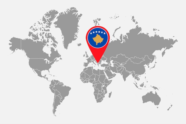 Pin mapa com bandeira do kosovo no mapa do mundo ilustração vetorial