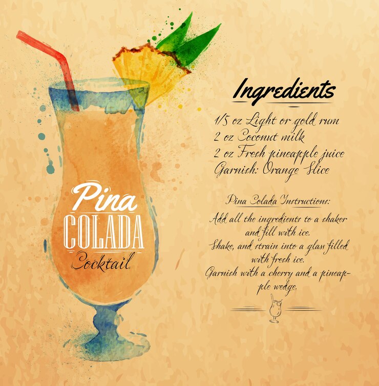 Vetor pina colada cocktails aquarela kraft