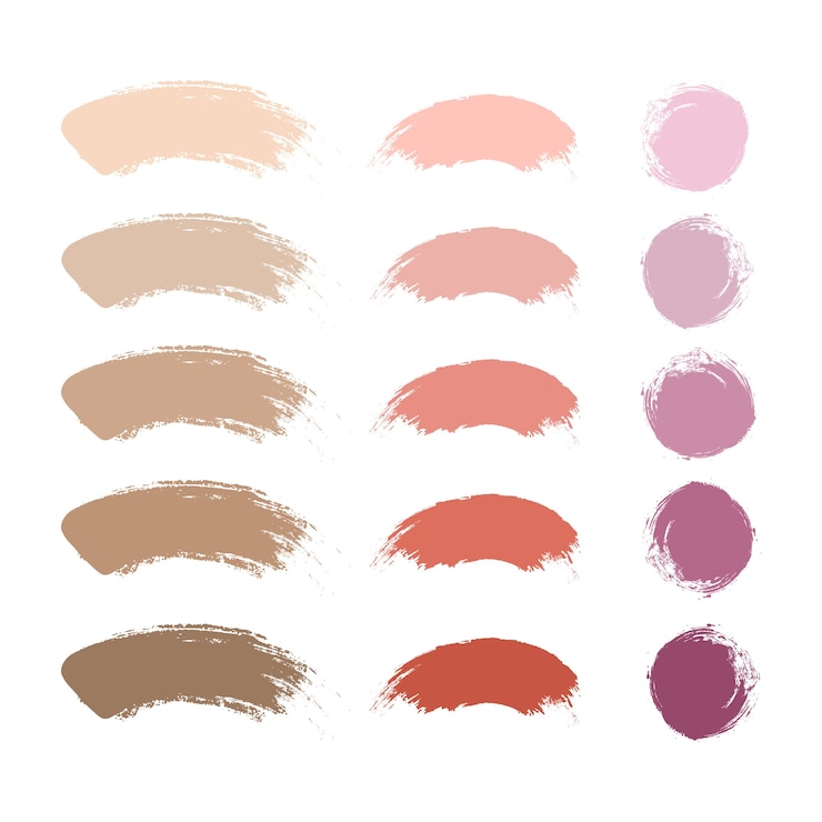 Vetor pincéis de traço de maquiagem, batom nude, blush e base ou amostras de pó. compõem a coleção de esfregaços.