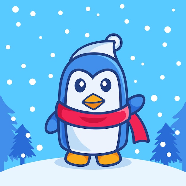 Pinguim-acenando fofo na temporada de inverno