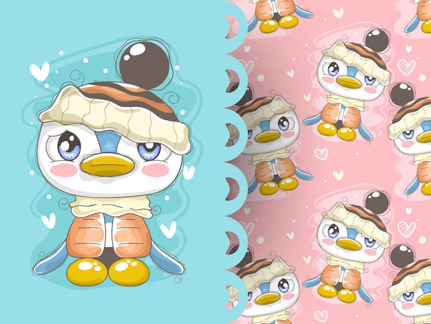 Pinguim adorável com roupas de inverno e de fundo