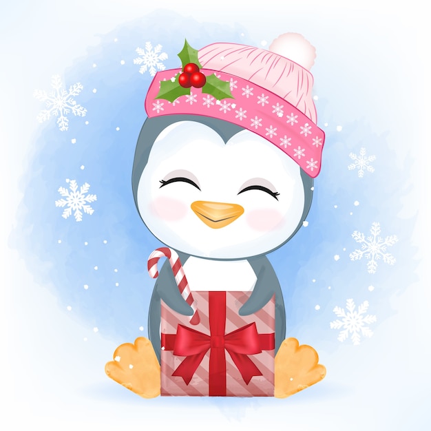 Pinguim bonitinho com caixa de presente, ilustração de natal.