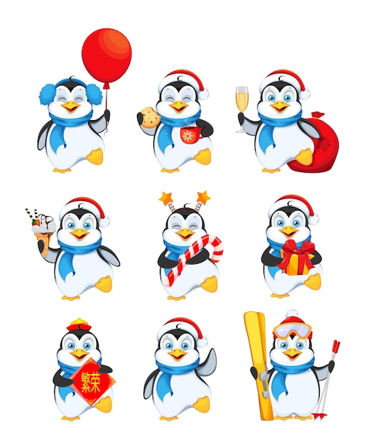 Pinguim bonitinho, conjunto de nove poses. feliz natal