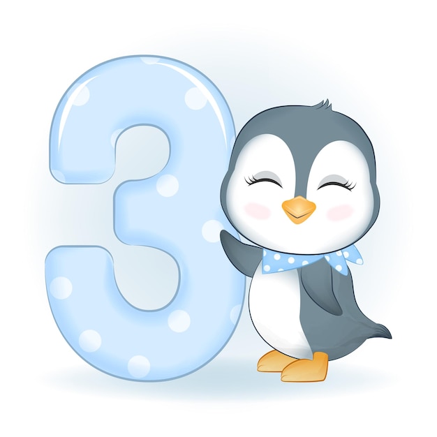 Pinguim bonitinho e número 3 feliz aniversário 3 anos