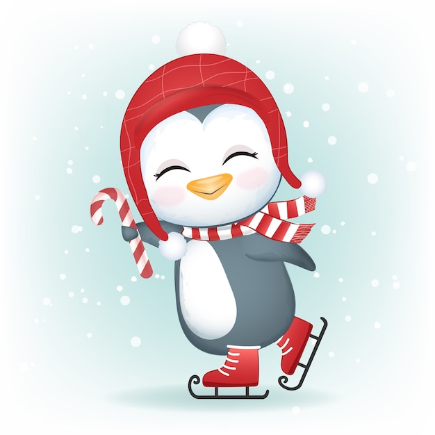 Vetor pinguim bonitinho em patins de gelo, ilustração da temporada de natal.